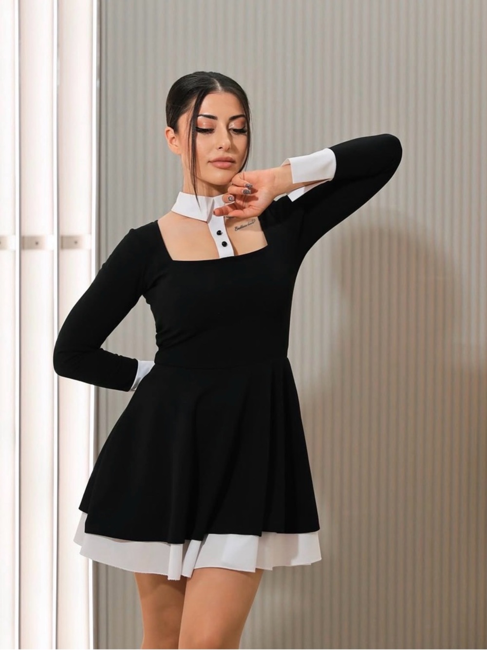 Cherry Black Dress Mini Long Sleeve White Collar XS